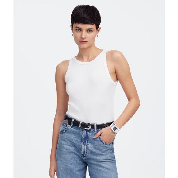 Madewell Regenerative Cotton Essential High-Neck Tank SZ M White Ribbed Stretchy - Picture 1 of 8